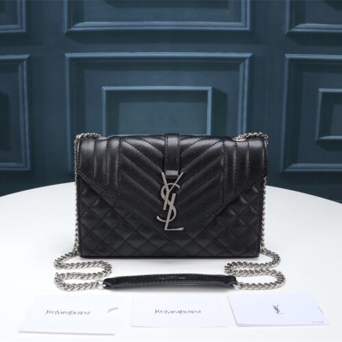 Alternative view of Saint Laurent Envelope Small Quilted Grain De Poudre Embossed Leather Silver Hardware Crossbody Bag Black 21cm 600195BOW921000