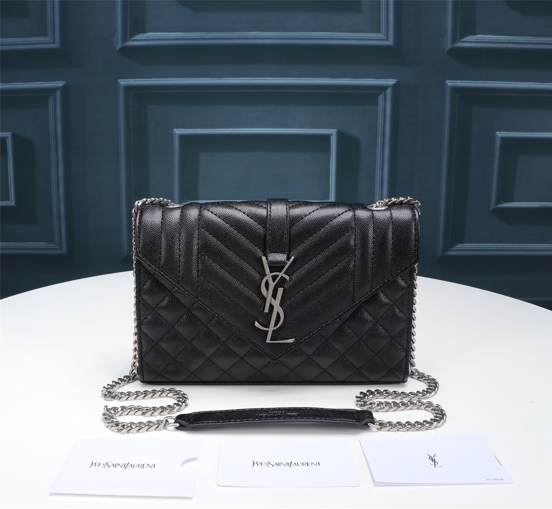 Saint Laurent Envelope Small Quilted Grain De Poudre Embossed Leather Silver Hardware Crossbody Bag Black 21cm 600195BOW921000 - Image 2
