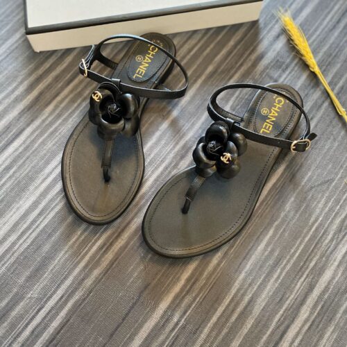 Alternative view of Chanel Camellia T Strap Sandals Smooth Leather Black