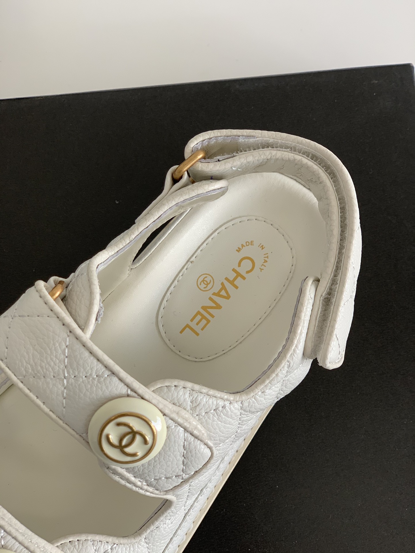 Chanel Sandals Grained Leather With CC Button Accent White - Image 3