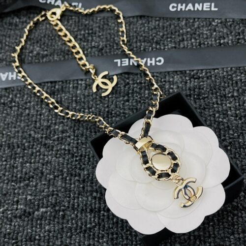 Alternative view of Chanel Pendant Necklace Interwoven Leather Chain Gold Black