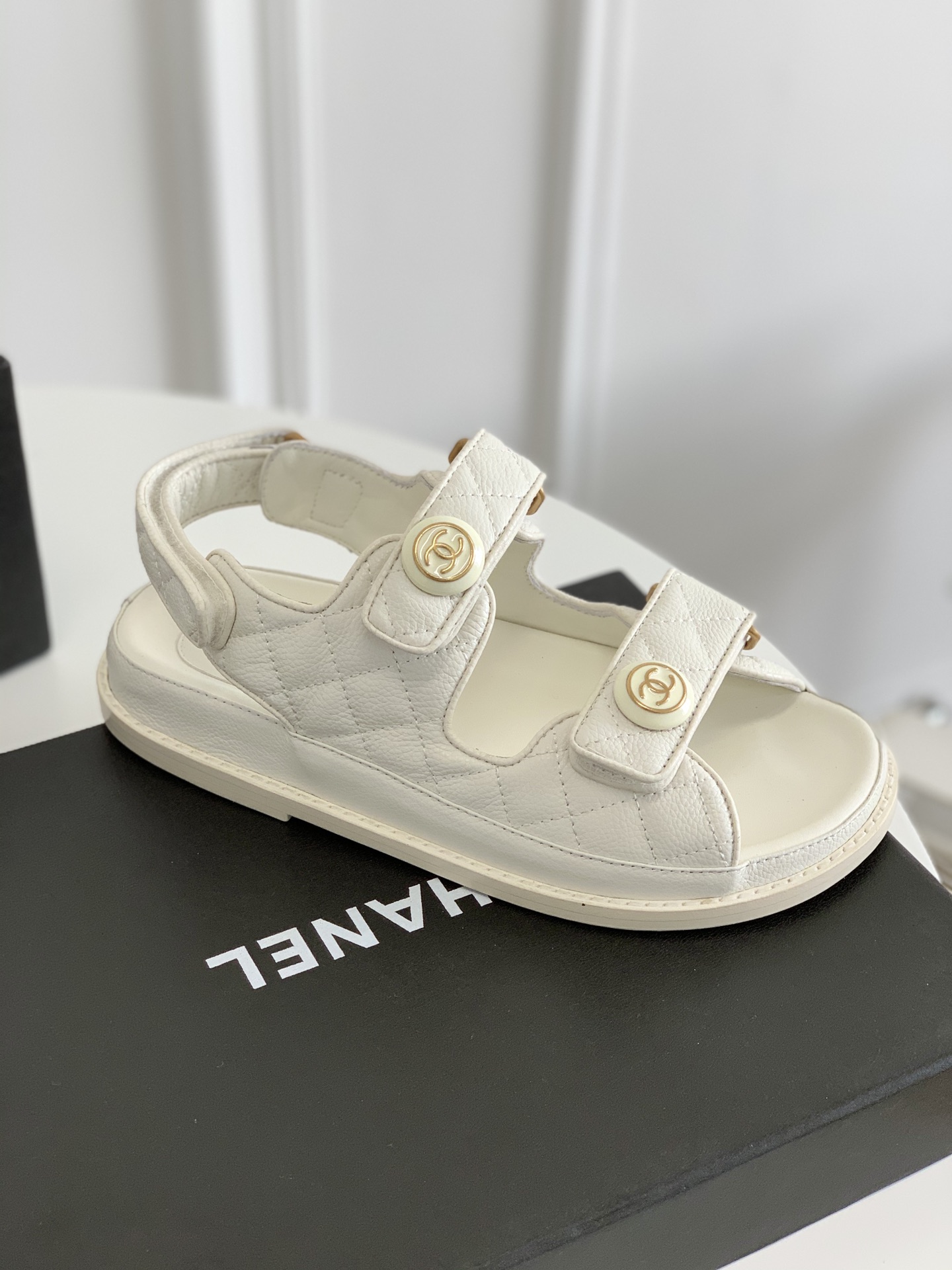 Chanel Sandals Grained Leather With CC Button Accent White - Image 5