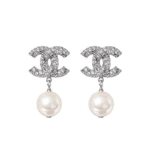 Chanel Cc Pearl Dangle Earrings Silver