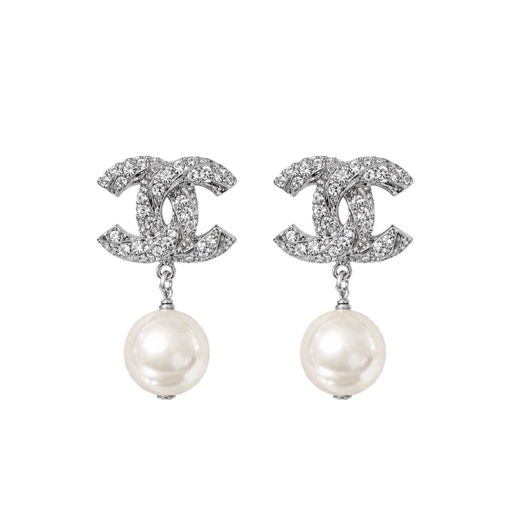 Chanel Cc Pearl Dangle Earrings Silver