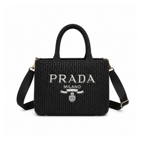 Prada Small Crochet Raffia Tote Bag Black 26cm 1BG422 2A2T F0002 V OOL