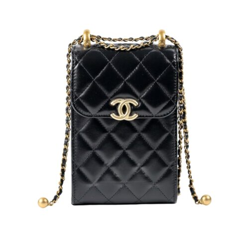 Chanel Phone Holder Small Smooth Leather Crossbody Bags Black 17cm