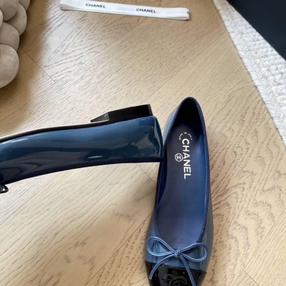 Chanel Ballerina Flat Smooth Leather And Patent Navy Blue G02819 B19028 NACIS - Image 7