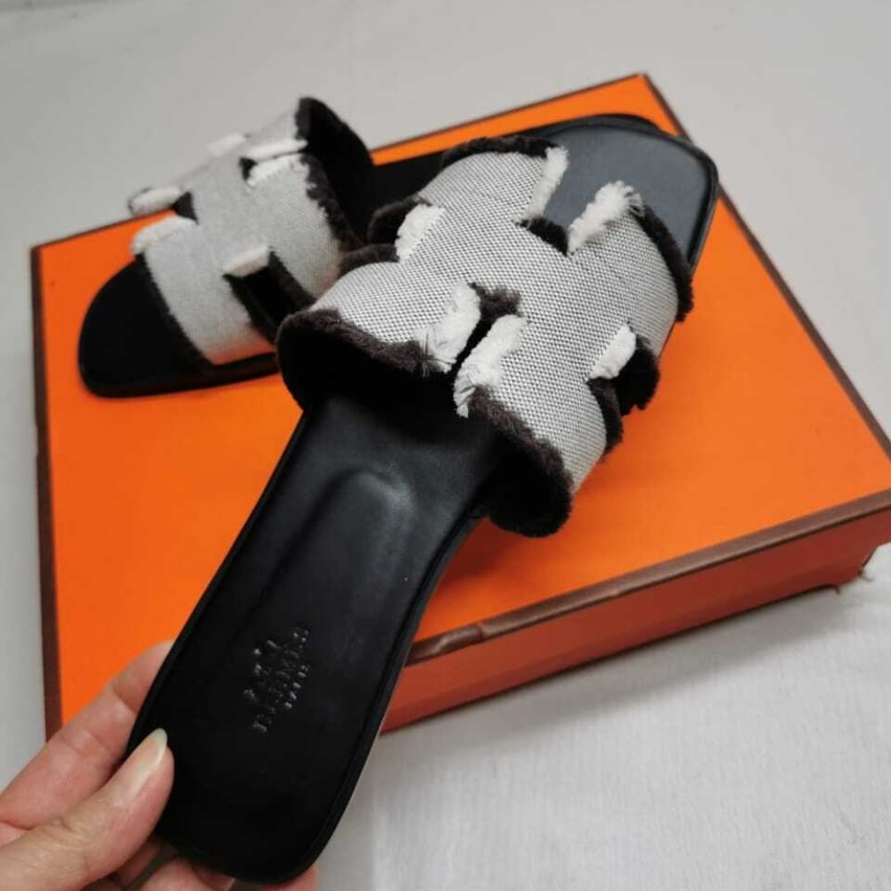 Hermes Oran Sandals Canvas Fringed Black Grey H231095Z PN360 - Image 3