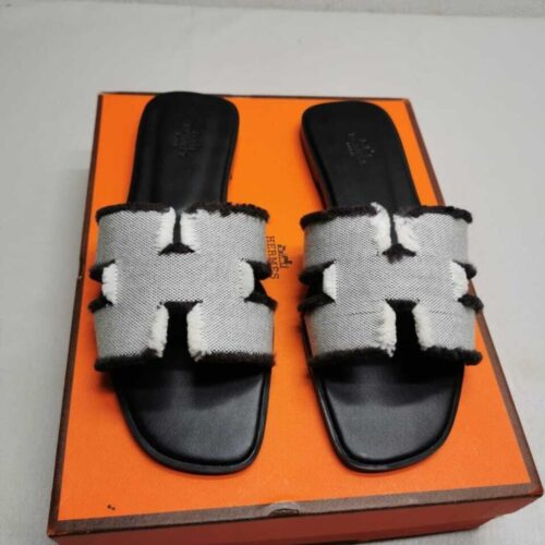 Alternative view of Hermes Oran Sandals Canvas Fringed Black Grey H231095Z PN360