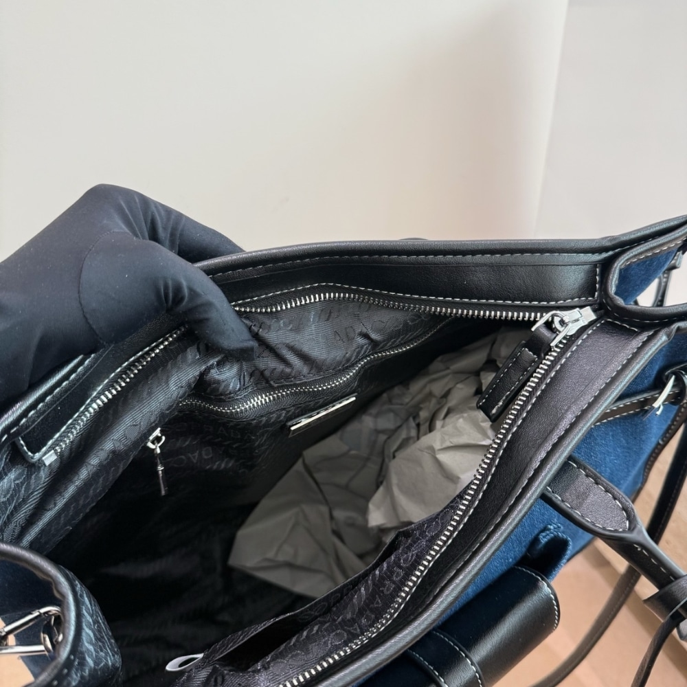 Prada Bonnie Large Denim Handbag Blue And Black 38cm - Image 6