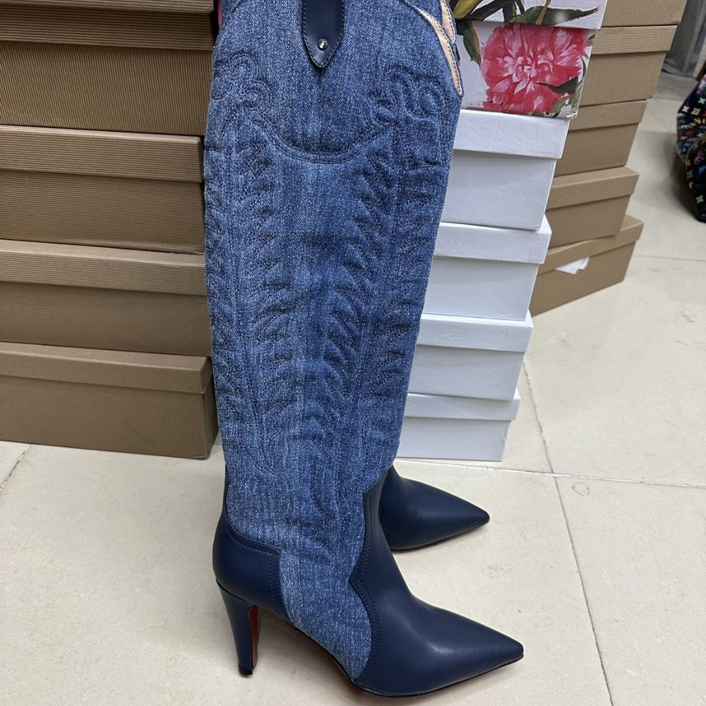 Christian Louboutin Santia Botta Denim Knee High Boots Blue 32405166603 - Image 2