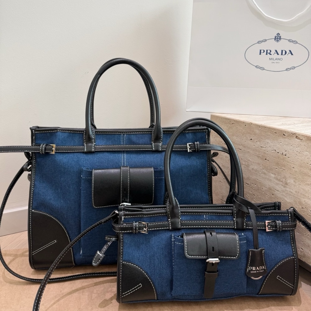 Prada Bonnie Large Denim Handbag Blue And Black 38cm - Image 7