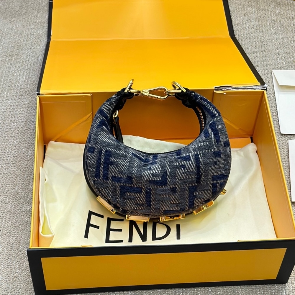 Fendi Fendigraphy Mini FF Chenille Hobo Bag Dark Blue 20Cm 8BS081ASU0F1PQM - Image 2