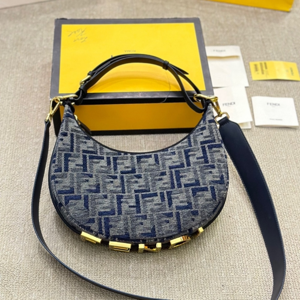 Fendi Fendigraphy Small FF Chenille Hobo Bag Dark Blue 30Cm 8BR798ASU0F1PQM - Image 5