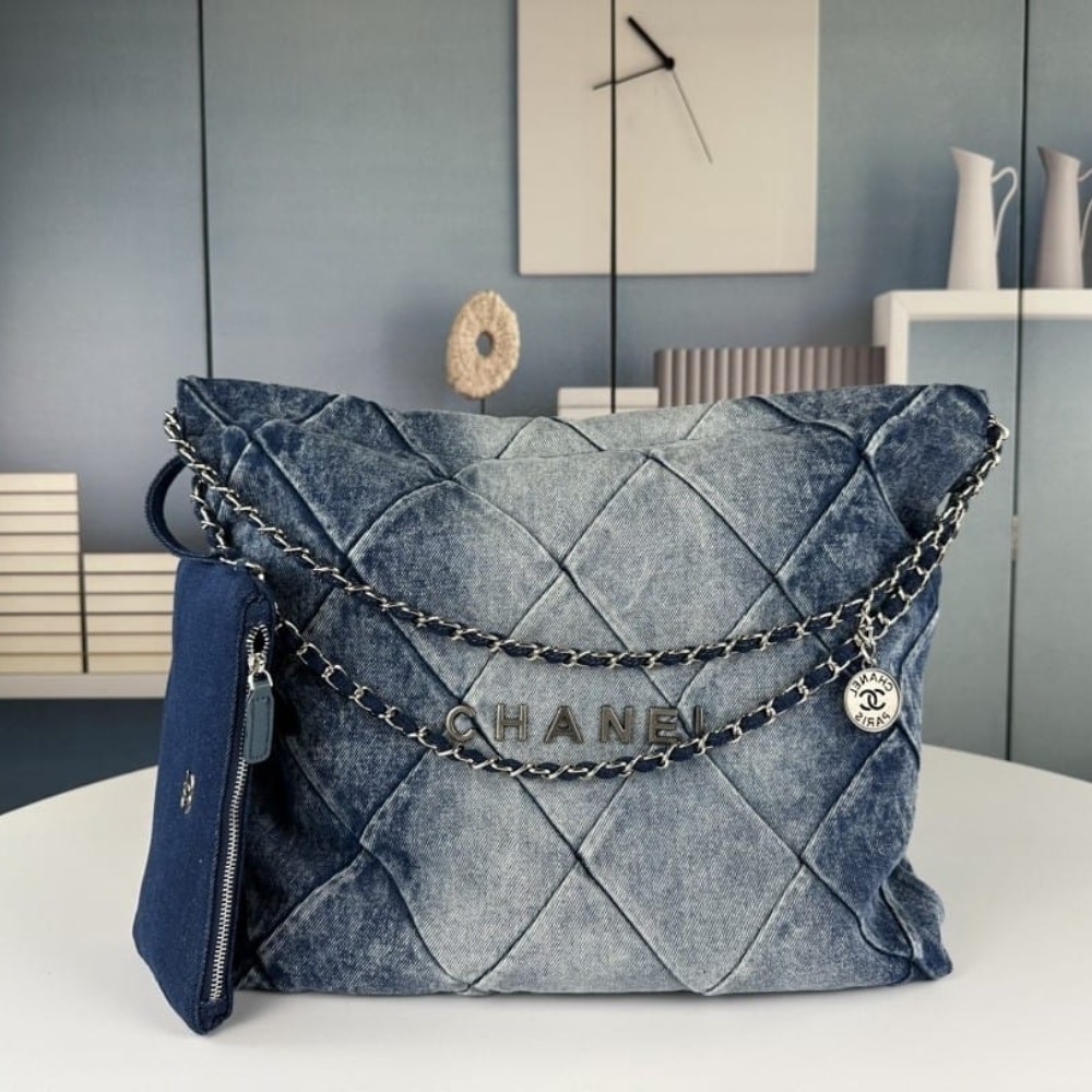 Chanel 22 Large Washed Denim Shoulder Bag Blue 41cm AS3261 B10439 NM981 - Image 2