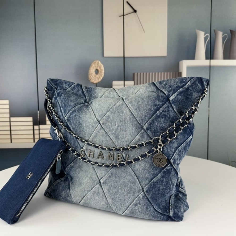 Chanel 22 Large Washed Denim Shoulder Bag Blue 41cm AS3261 B10439 NM981 - Image 3