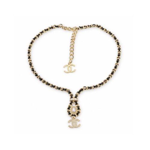 Chanel Pendant Necklace Interwoven Leather Chain Gold Black