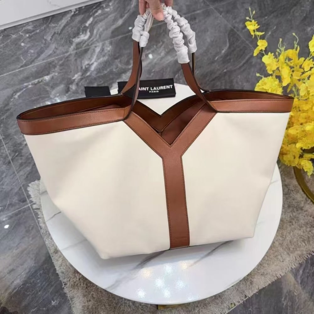 Saint Laurent Y Tote In Canvas And Leather Bag Beige 37cm 817602fac7t9856 - Image 4