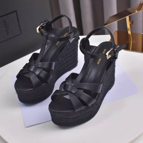 Alternative view of Saint Laurent Tribute Espadrilles Wedge In Smooth Leather Black 611924BDA001000