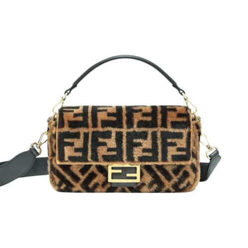 Fendi Baguette Medium FF Plush Fabric Shoulder Bag Brown 26Cm