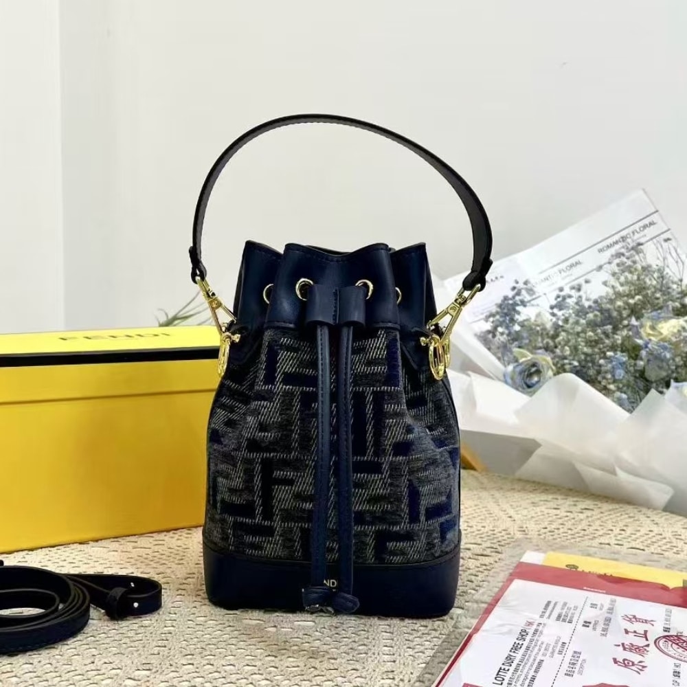 Fendi Mon Tresor Mini FF Chenille Bucket Bag Dark Blue 21Cm 8BS093ASU0F1PQK - Image 2