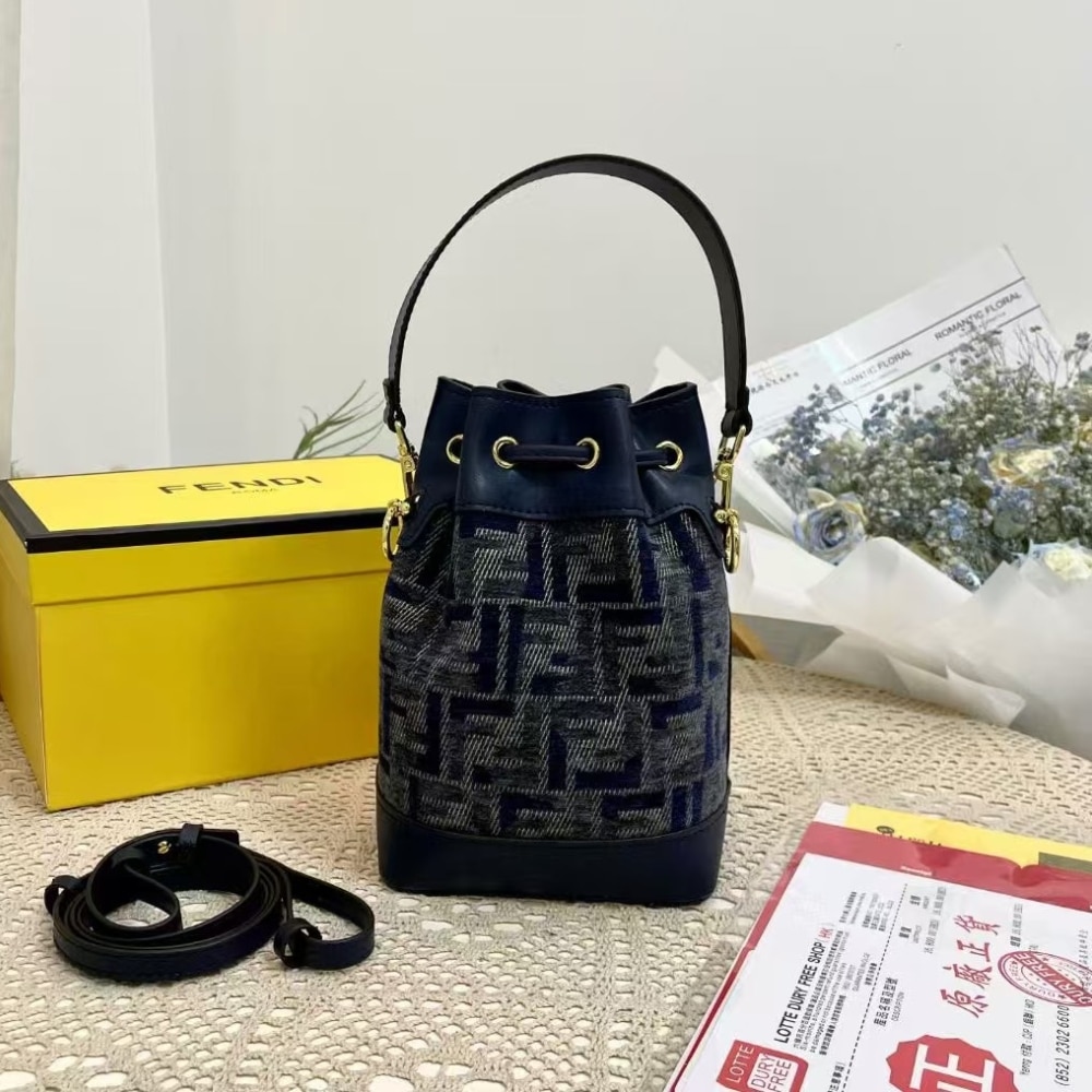 Fendi Mon Tresor Mini FF Chenille Bucket Bag Dark Blue 21Cm 8BS093ASU0F1PQK - Image 6