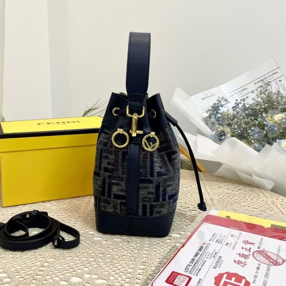 Fendi Mon Tresor Mini FF Chenille Bucket Bag Dark Blue 21Cm 8BS093ASU0F1PQK - Image 5