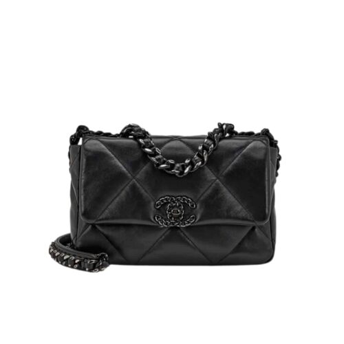 Chanel 19 Medium Smooth Leather Handbag All Black 26cm