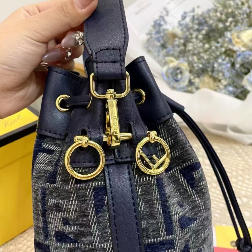 Fendi Mon Tresor Mini FF Chenille Bucket Bag Dark Blue 21Cm 8BS093ASU0F1PQK - Image 4