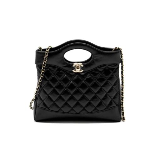 Chanel 31 Mini Shiny Crumpled Leather Handle Bag Black 24cm