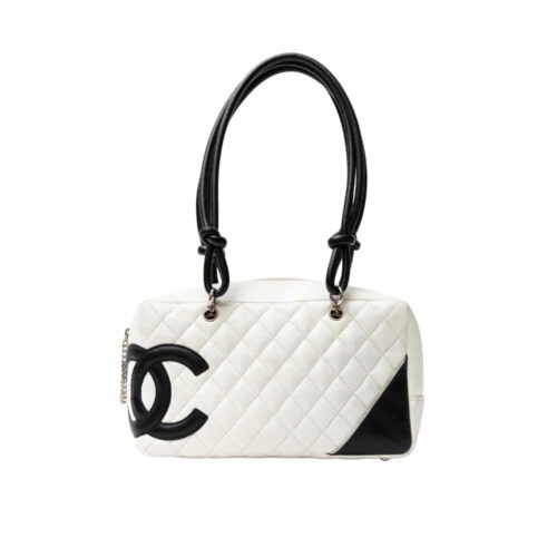 Chanel Cambon Medium Smooth Leather Bowling Bag White And Black 26cm