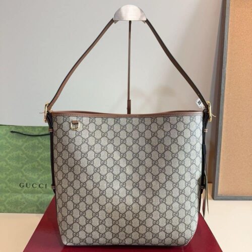 Alternative view of Gucci GG Emblem Medium GG Monogram Canvas Bucket Bag Beige And Dark Brown 31Cm 815103 FAD6L 9758