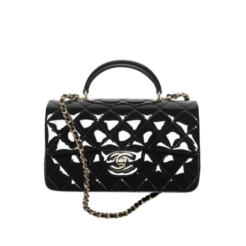 Chanel Classic Mini Shiny Patent Leather Handle Bag Black 20cm