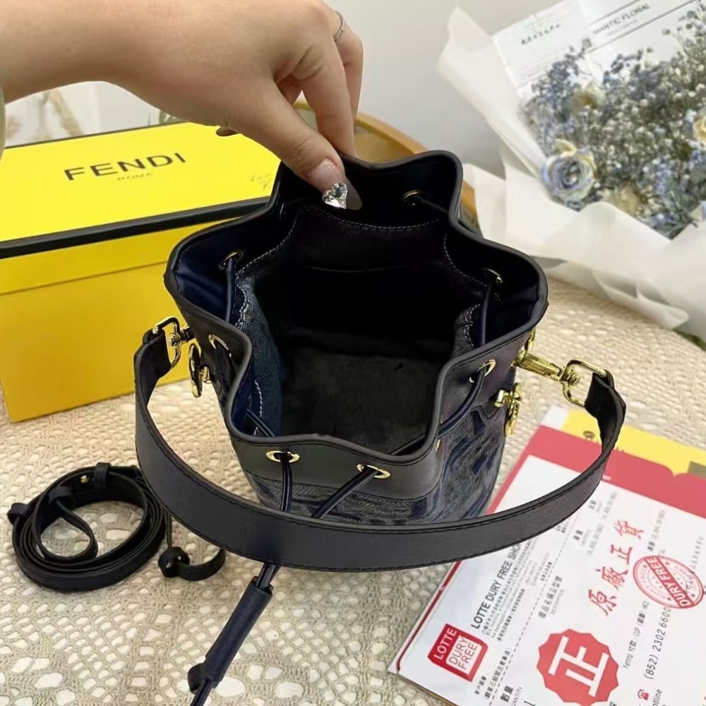 Fendi Mon Tresor Mini FF Chenille Bucket Bag Dark Blue 21Cm 8BS093ASU0F1PQK - Image 7