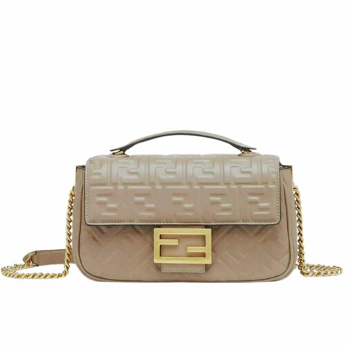 Fendi Baguette Midi FF Motif Leather Chain Bag Beige 24Cm
