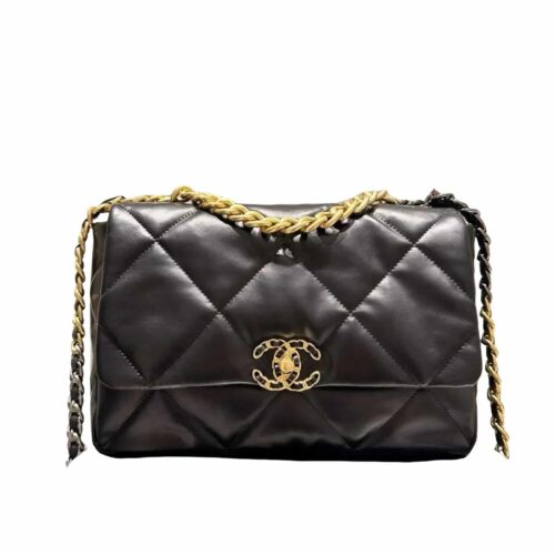 Chanel 19 Large Shiny Smooth Leather Flap Bag Black 30cm