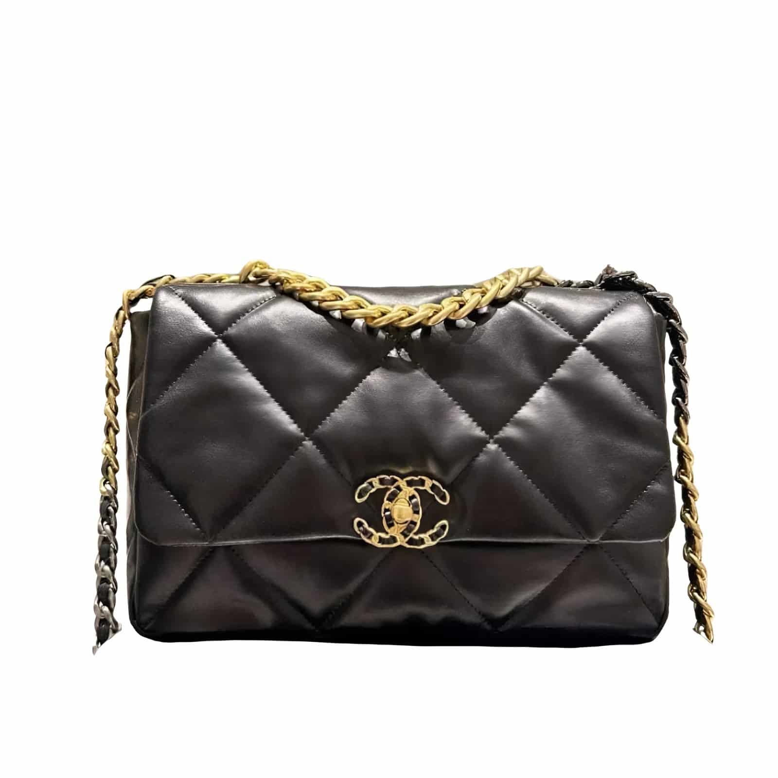 Chanel 19 Large Shiny Smooth Leather Flap Bag Black 30cm