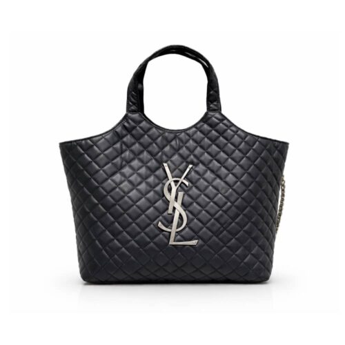 Saint Laurent Icare Large Quilted Silver Hardware Shopping Bag Black 40Cm