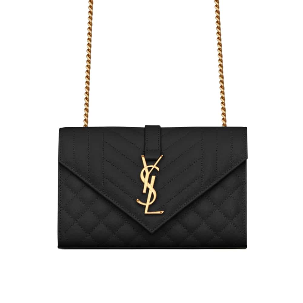 Saint Laurent Envelope Small Quilted Grain De Poudre Embossed Leather Gold Hardware Crossbody Bag Black 21Cm 600195Bow911000