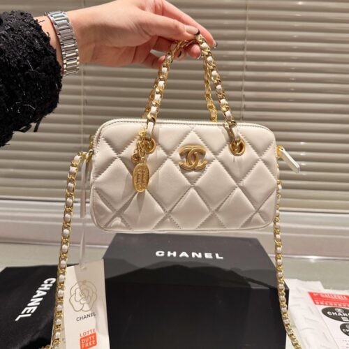 Alternative view of Chanel Matelasse Mini Smooth Leather Bowling Bag White 20cm