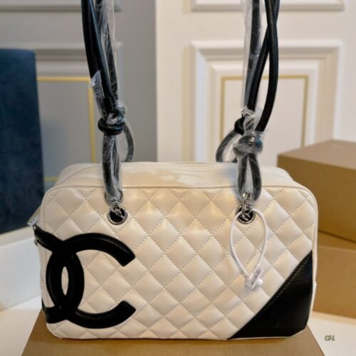 Alternative view of Chanel Cambon Medium Smooth Leather Bowling Bag White And Black 26cm