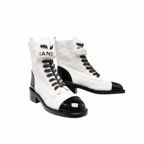 Chanel Combat Boots Quilted Leather And Patent White Black G45005