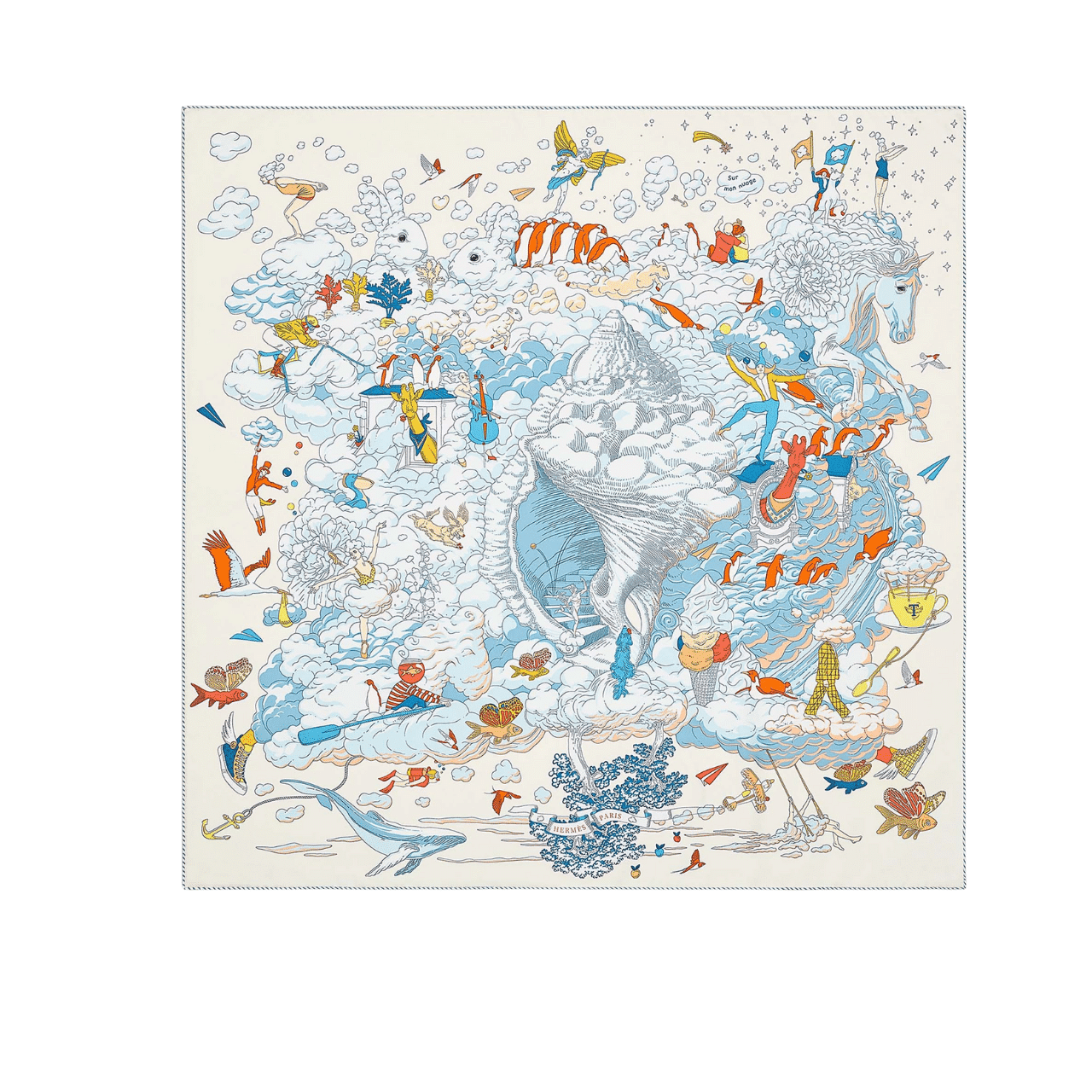 Hermes Sur Mon Nuage Silk Twill Scarf White 90cm H003900S 05
