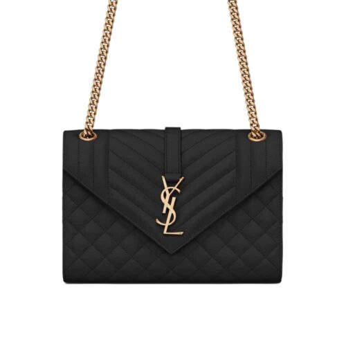 Saint Laurent Envelope Medium Quilted Grain De Poudre Embossed Leather Gold Hardware Crossbody Bag Black 24Cm 600185Bow911000