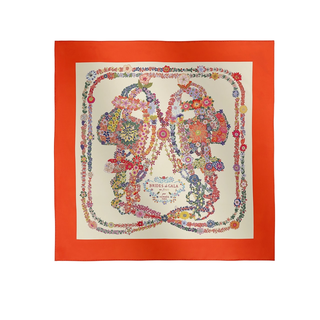 Hermes Brides De Gala En Fleurs Silk Twill Scarf Vermillon 90cm H004192S 04
