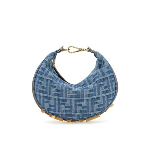 Fendi Fendigraphy Mini FF Jacquard Fabric Hobo Bag Denim Blue 20Cm 8BS081AS3FF1PLN
