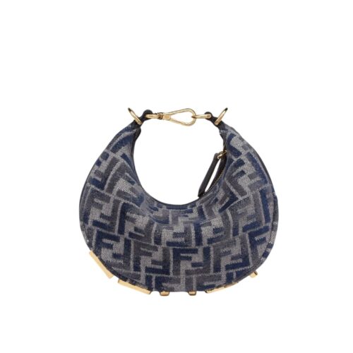 Fendi Fendigraphy Mini FF Chenille Hobo Bag Dark Blue 20Cm 8BS081ASU0F1PQM
