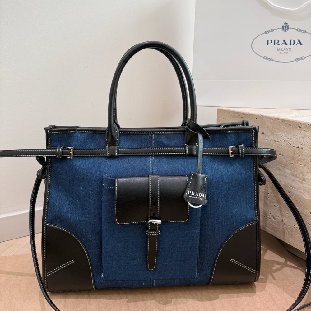 Prada Bonnie Large Denim Handbag Blue And Black 38cm - Image 2