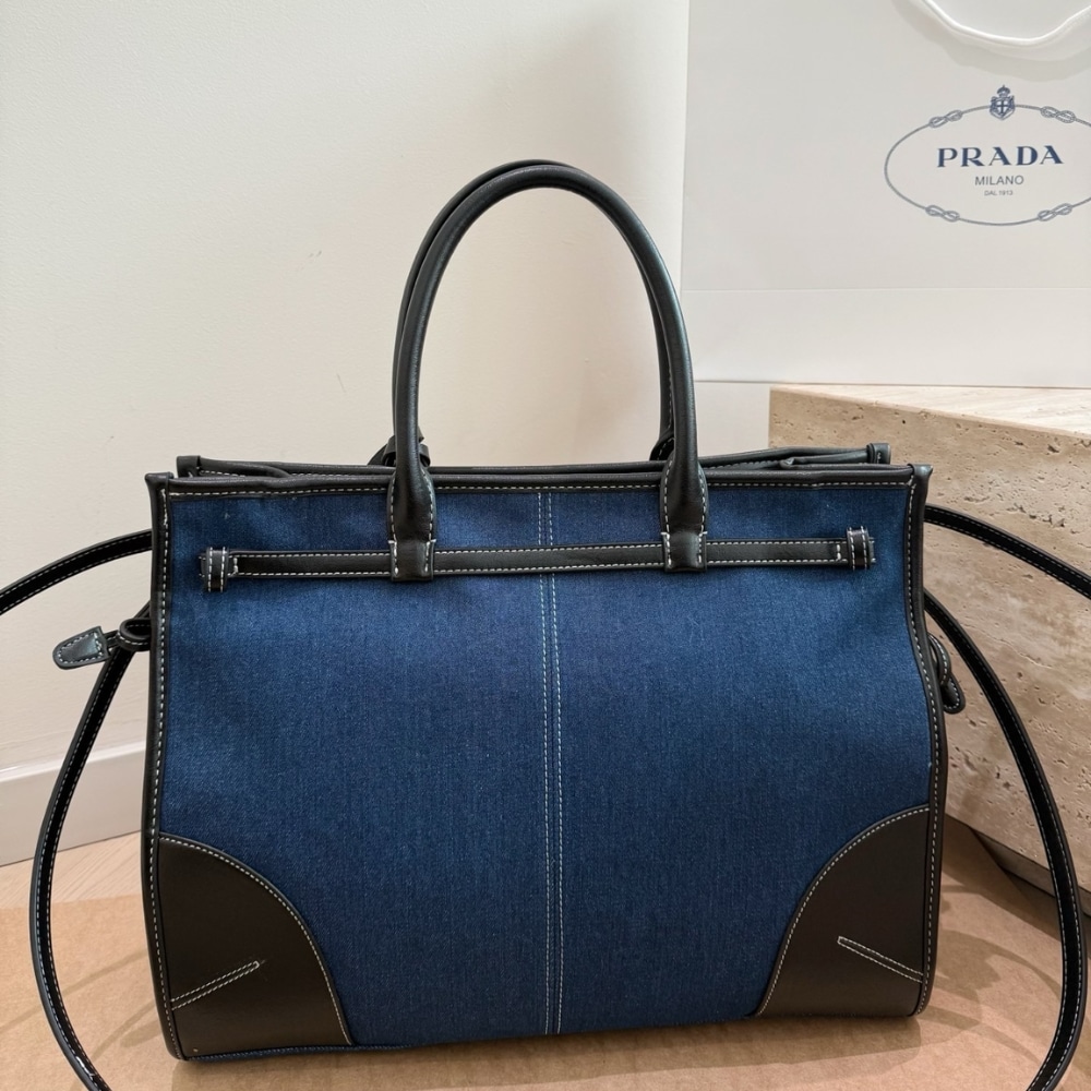 Prada Bonnie Large Denim Handbag Blue And Black 38cm - Image 3