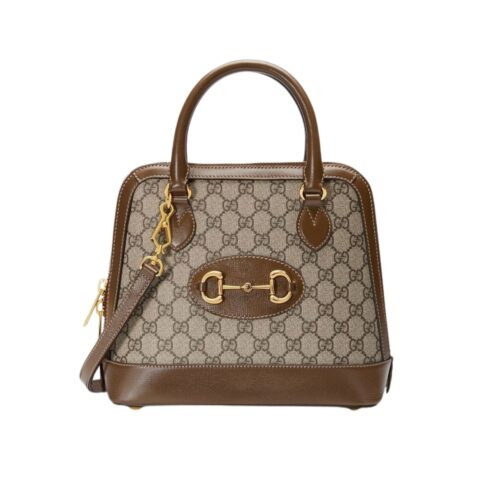 Gucci Horsebit 1955 GG Supreme Canvas Shoulder Bag Beige And Dark Brown 20cm